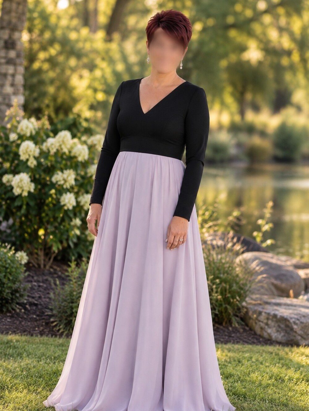 Elegant Black & Lavender V-Neck Long Sleeve Maxi Dress
